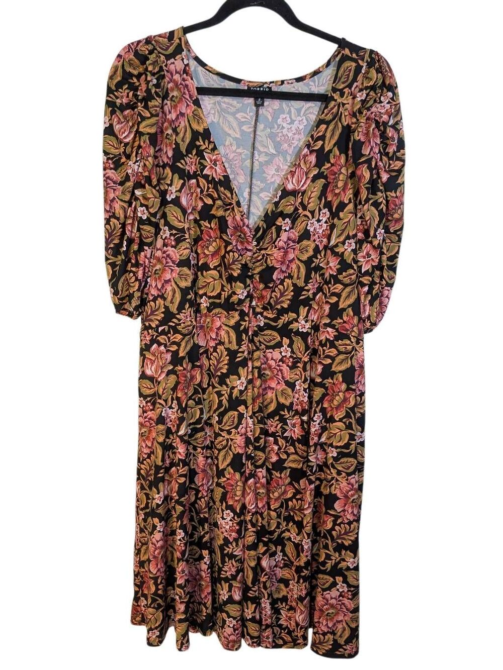 Torrid black floral maxi dress with pink and gold botanical prints and puff slee